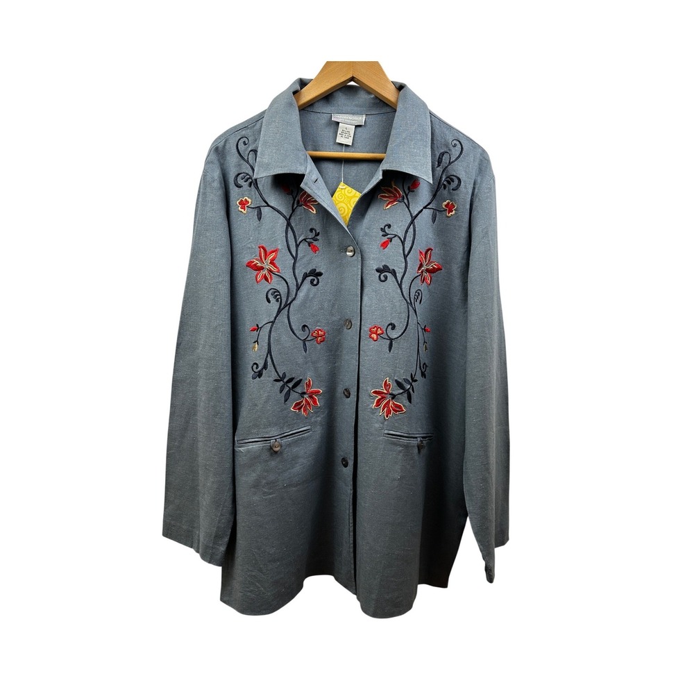 Danny & Nicole Embroidered Linen Shirt Jacket Wmn L‎ Gray Floral NWT Art-to-Wear